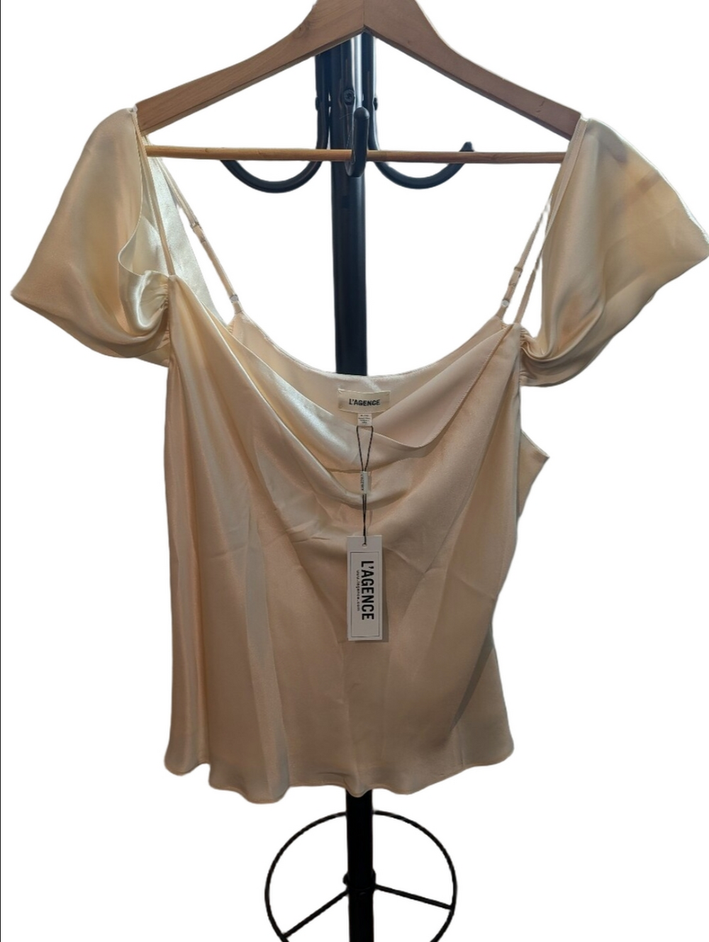 L'AGENCE NWT Ivory Silk Cowl Neck Cold Shoulder Draped Cami Blouse Size XL
